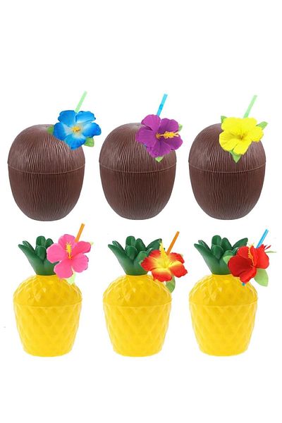 CONAHOME Pineapple & Coconut Designed Glass Set with Straw (6 Pieces)