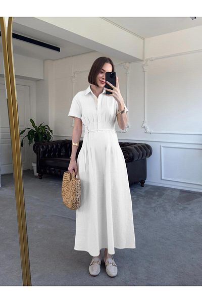 QİMYA BUTİK Magarde Women's Waist Pleated Above Button Short Sleeve Linen Look Long Dress