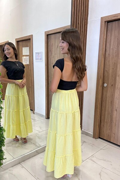 By Saygı Women's Elastic Waist Layered Muslin Long Skirt