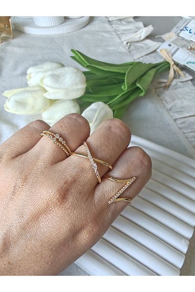 İLKYAZ Accessories Minimum Zircon Stone Steel Ring Set of 3