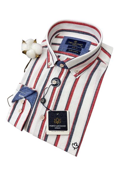 GÖMLEK GALERİSİ Men's Slim Fit Cut Linen Striped Long Sleeve Shirt