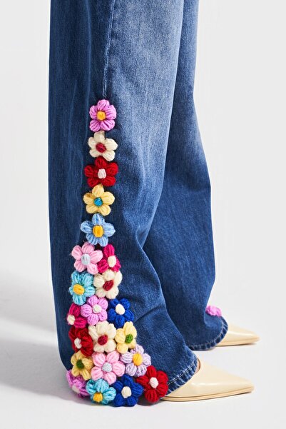 its basic Women's Blue Color 2W5-5 Palazzo Fit Colorful Floral Knitted Embroidered Special Design Denim Jean