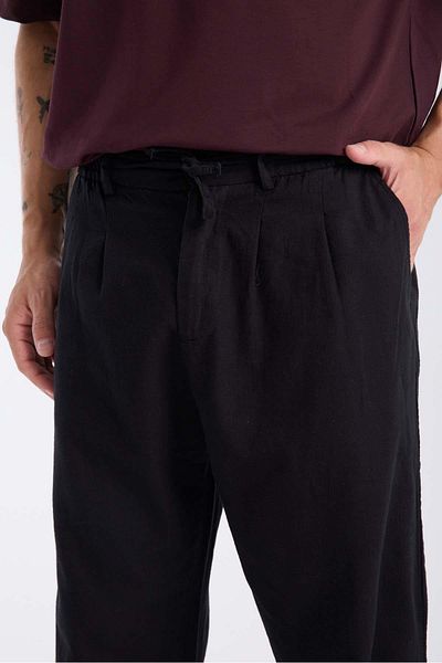 Valiberta Bergman Linen Look Cotton Flared Comfortable Fit Pleated Men's Trousers - Black
