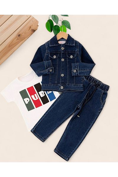 Ege Bebek Boys' Seasonal Flexible Fabric 3-Piece Jogger Set |   T-Shirt, Denim Jacket and Pants 2-9 Years R1991