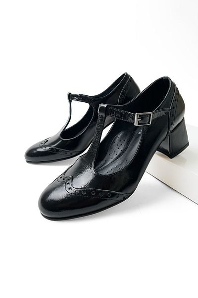 RABU Black Patent Leather Women's Genuine Leather T-Band 5 cm Heeled Mary Jane Heeled Shoes