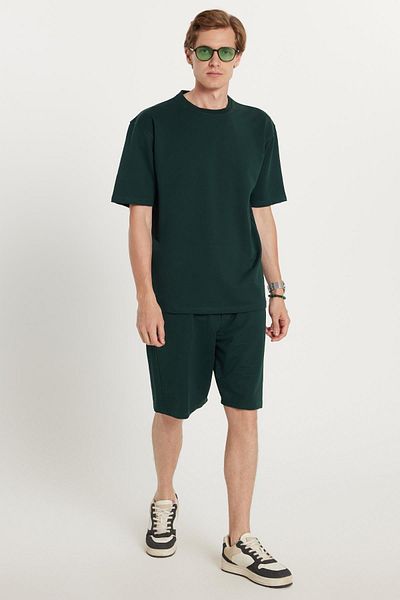 Tudors Men's Standard Fit Regular Cut Cotton Crew Neck Waist Lace-Up Green Shorts Suit