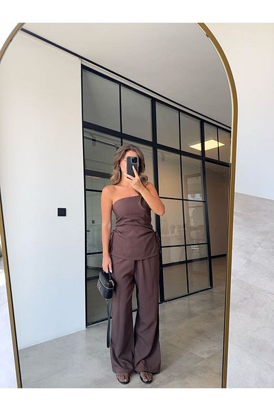 BB Bensu Buyruk Strapless Tight Brown Suit
