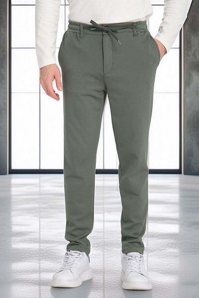 Valiberta Akira Knitted Pique Fabric Men's Trousers with Elastic Waist and Zipper - Pine Green