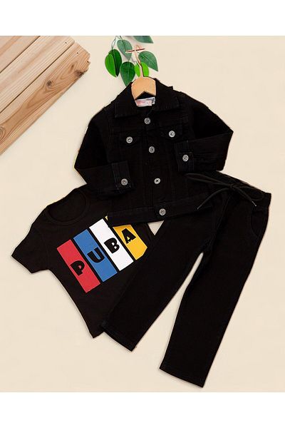 Ege Bebek Boys' Seasonal Flexible Fabric 3-Piece Jogger Set |   T-Shirt, Denim Jacket and Pants 2-9 Years R1991