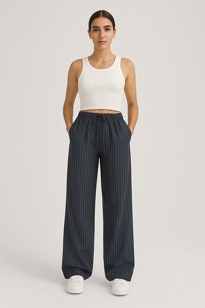 FV Linen Striped Women's Wide Leg Trousers with Pockets