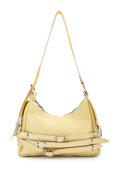 Kukura Belt Detailed Patent Leather Faux Leather Baguette Women's Shoulder Bag Mary Butter Yellow