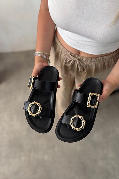 SHOEBELLAS Papuci de damă Rema Black Gold cu cataramă