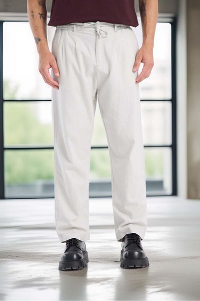 Valiberta Bergman Linen Look Cotton Flared Comfortable Fit Pleated Men's Trousers - Ecru
