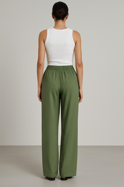 FV Keten Çizgili Kadın Bol Paça Cepli Pantolon