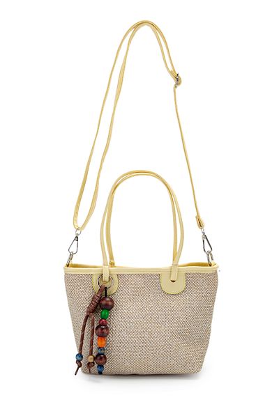 Kukura Wooden Bead Detailed Straw Women's Crossbody Bag Missy Butter Yellow