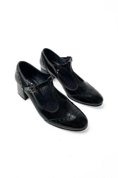 RABU Black Patent Leather Women's Genuine Leather T-Band 5 cm Heeled Mary Jane Heeled Shoes
