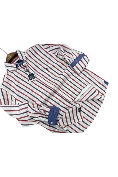 GÖMLEK GALERİSİ Men's Slim Fit Cut Linen Striped Long Sleeve Shirt
