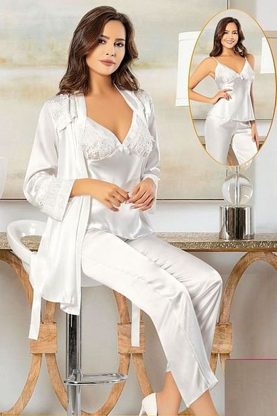 Xses 2102 Women's Ecru Satin Pajama Set with Dressing Gown