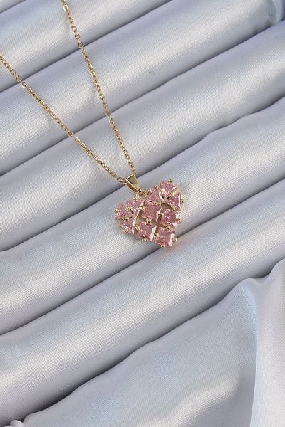 CONAHOME 316L Steel Chain Gold Color Pink Segmented Zircon Stone Heart Necklace - Tj-Bko9163