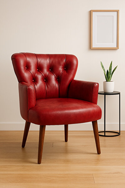 Azra Mobilya Kırmızı Deri Kapitoneli Modern Berjer Koltuk | Tekli Koltuk – Şık ve Konforlu Oturma Alanı