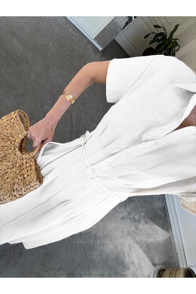 QİMYA BUTİK Magarde Women's Waist Pleated Above Button Short Sleeve Linen Look Long Dress