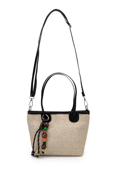Kukura Wooden Bead Detailed Straw Women's Crossbody Bag Missy Black