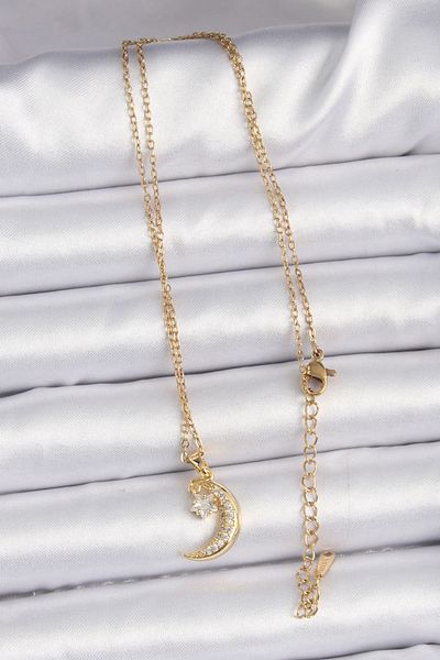 CONAHOME 316L Steel Chain Gold Color Zircon Stone Dangle Moon Star Necklace - Tj-Bko9061