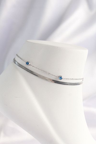CONAHOME 316L Steel Silver Color Evil Eye Bead Designed 2-Piece Anklet - Tj-Hh1608