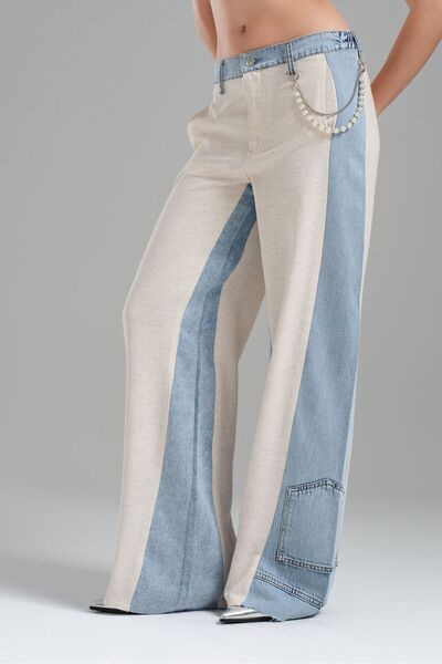 tw3 Kadın İnci Zincir Aksesuarlı Denim Kumaş Garnili Tasarım Pantolon