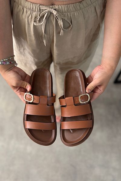 SHOEBELLAS Zena Tan Cage Detailed Women's Sandals