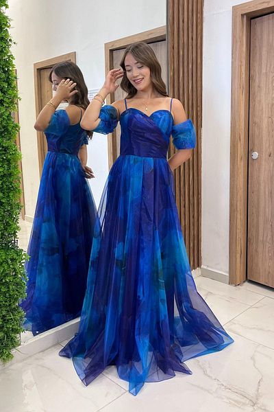 By Saygı Women's Thin Strap Fake Sleeves Lined Floral Organza Long Dress