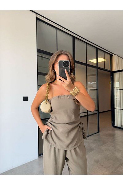 BB Bensu Buyruk Strapless Tight Khaki Suit