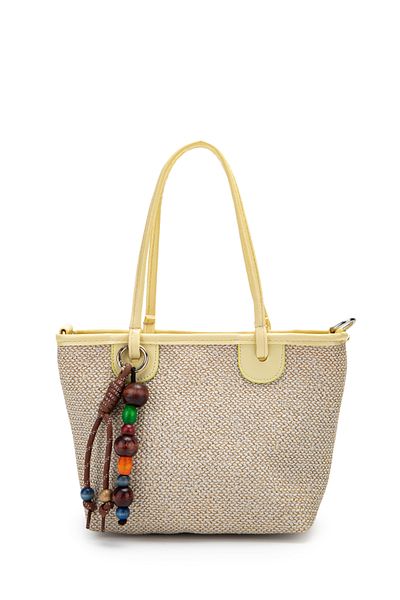 Kukura Wooden Bead Detailed Straw Women's Crossbody Bag Missy Butter Yellow
