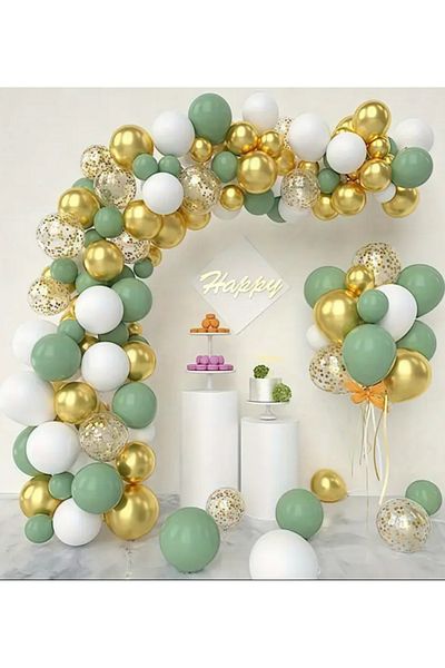 Çemrek Süs Parti Tea Tree Green Gold Chrome White Transparent Sequin Balloon Chain Set of 100