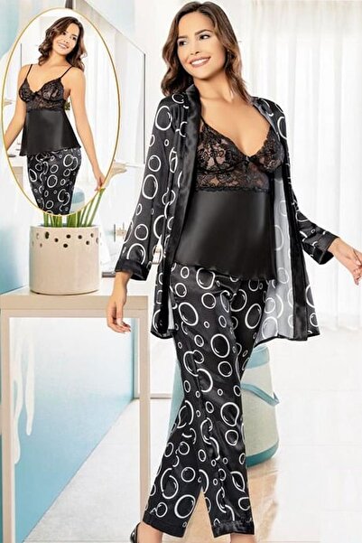 Xses 2152 Women's Black Satin Embroidered Pajama Set with Robe