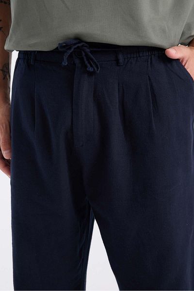 Valiberta Bergman Linen Look Cotton Flared Comfortable Fit Pleated Men's Trousers - Navy Blue