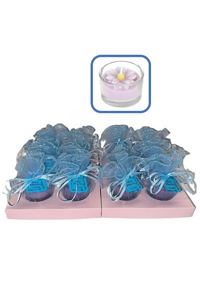 OEM Set 12 marturii botez - Lumanare margareta lila in suport de sticla + tulle albastru