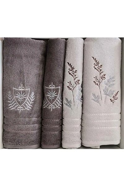 Özdilek 4 Piece Best Turkish Bath Set, Bath Towel Set-Leaf Beige Brown
