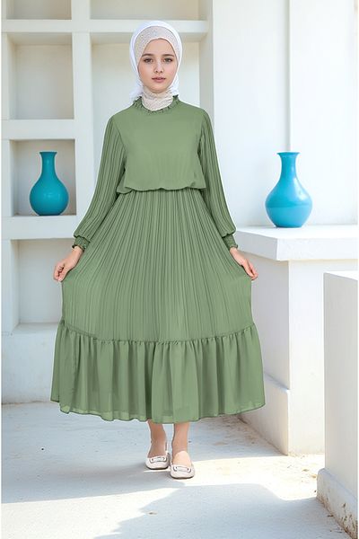 Asortik Kids Girls' Long Length Lined Pleated Cotton Chiffon Hijab Dress