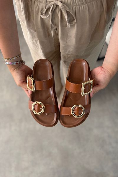 SHOEBELLAS Дамски чехли Rema Taba със златна катарама