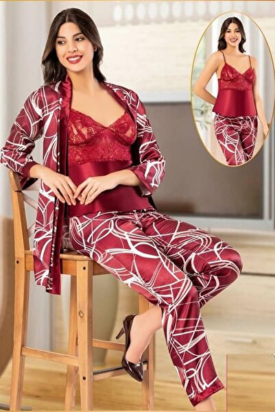 Xses 2151 Women's Burgundy Satin Embroidered Robe Pajama Set
