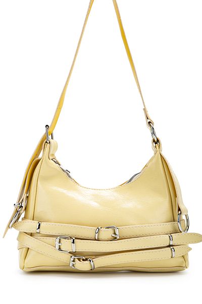 Kukura Belt Detailed Patent Leather Faux Leather Baguette Women's Shoulder Bag Mary Butter Yellow