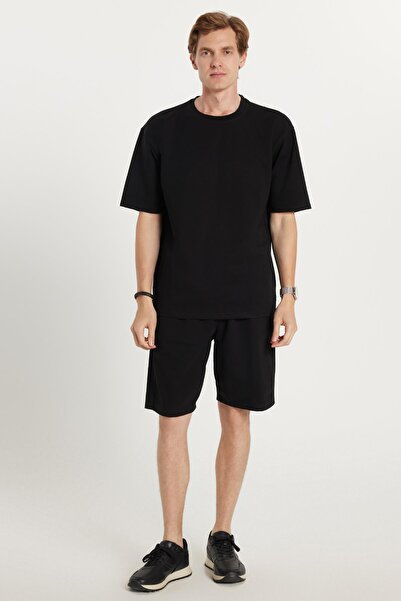 Tudors Men's Standard Fit Regular Cut Cotton Crew Neck Waist Lace-Up Black Shorts Suit