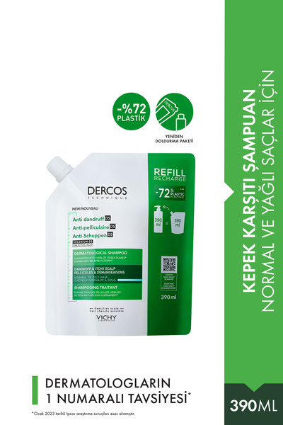 Dercos Normal/Yağlı Saçlar İçin Kepek Karşıtı Saç Bakım Şampuanı Yeniden Dolum Paketi 390 ml