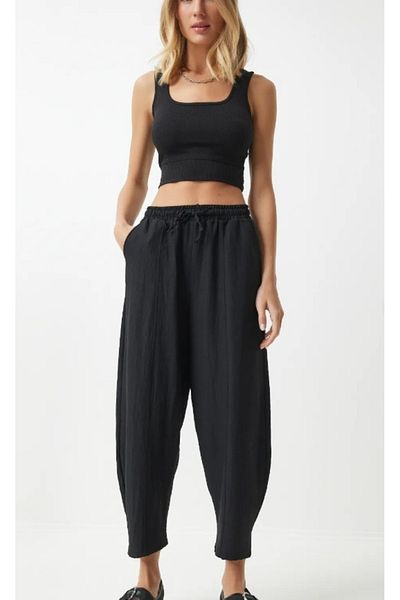 Velista Women's Plus Size Black Pocket Viscose Shalwar Trousers