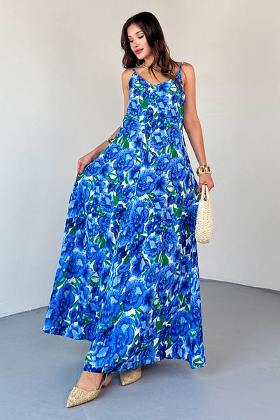 Cappmoda Elb-01823 Blue Adjustable Strap Floral Pattern Cotton Viscose Dress