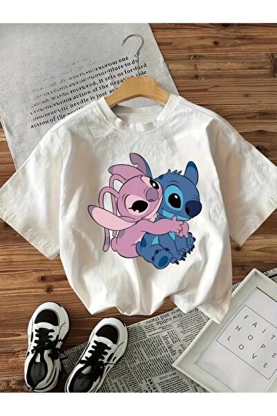 Baxia UNISEX KARAKTER STITCH BASKILI BİSİKLET YAKA KISA KOLLU KIZ ÇOCUK T-shirt