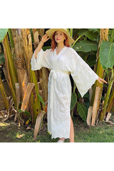 LİLA MARE Handmade Beachwear Yazlık Fisto Kumaşlı Nakışlı Kimono Standart Bed...