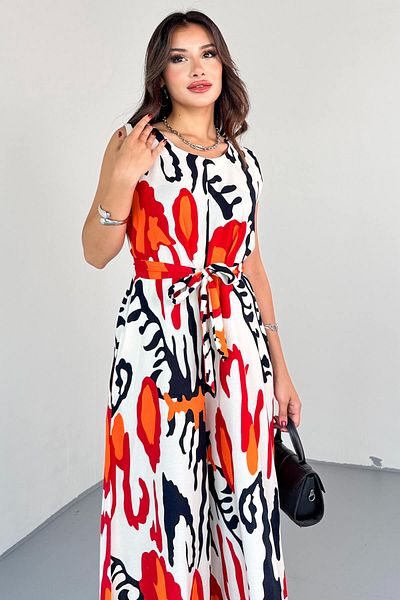 Cappmoda Elb-01821 Cotton Viscose Jumpsuit with Pomegranate Flower Pattern and Back Zipper Belt