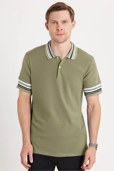 Tudors Men's Slim Fit Slim Fit 100% Cotton Plain Pique Collar and Sleeve Detail Khaki Polo Neck T-Shirt